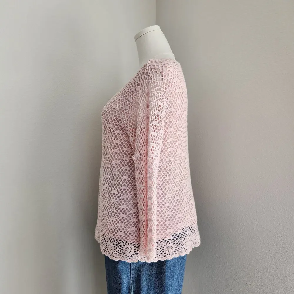 Vintage Y2K Croft & Barrow Pink Crochet Knit Boho Chic 3/4 Sleeve Top L